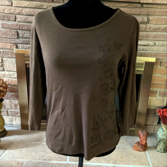 Eddie Bauer Tops - Brown embroidered 3/4 sleeve T